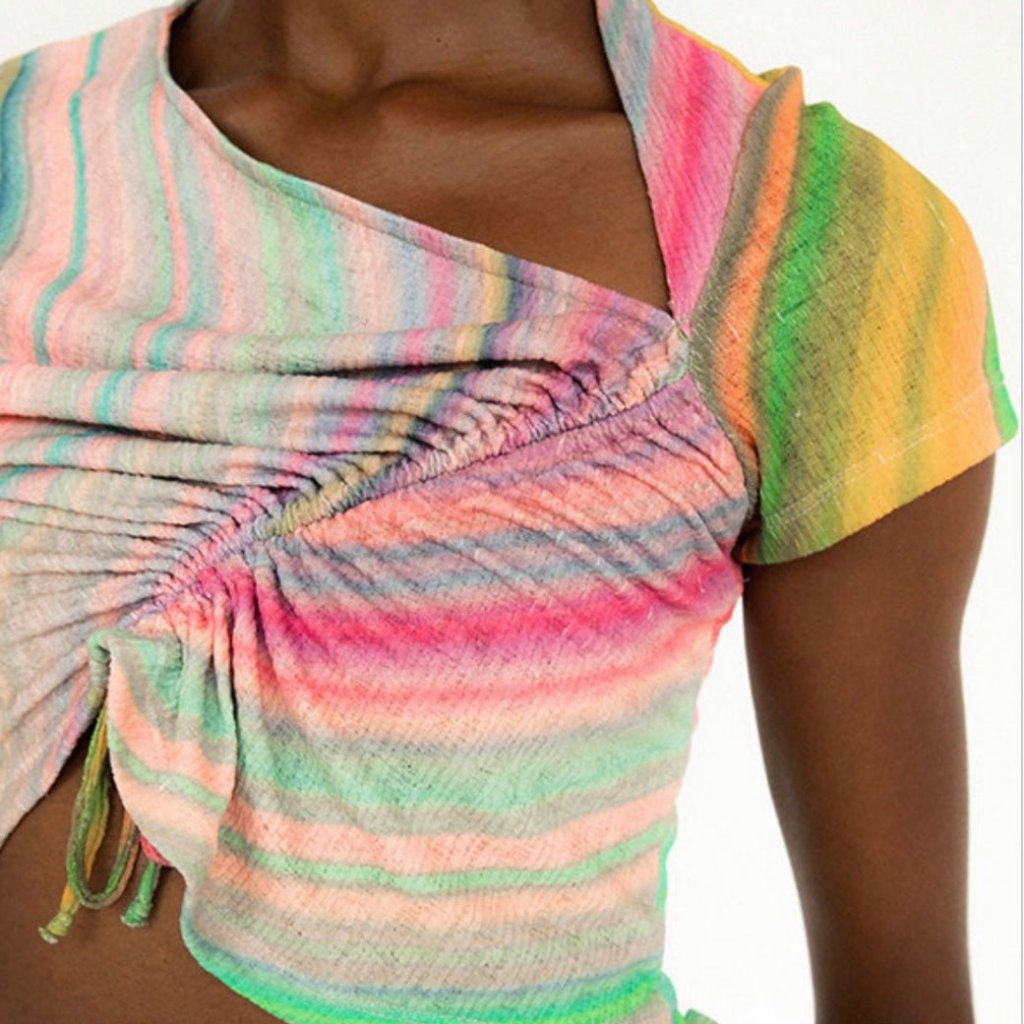 Tach Clothing Co. Clarrisa Top Rainbow Runched Crop Lightweight Short Sleeve L